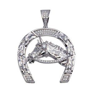 Sterling Silver 925 Rhodium Plated Horse and Horseshoe Hip Hop Pendant